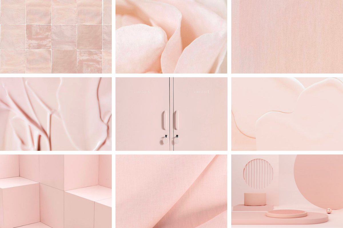 A grid of 9 blush pink images of different textures and finishes