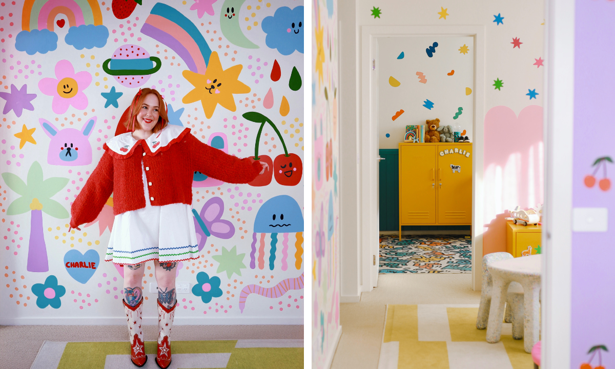 Cass Danson standing in front of a colorful wall in her home with a Mustard locker