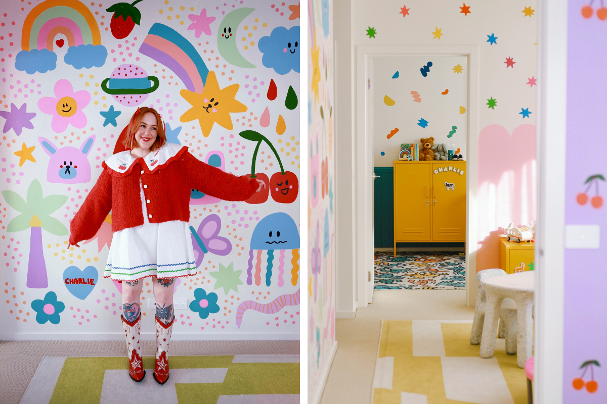 Cass Danson standing in front of a colorful wall in her home with a Mustard locker