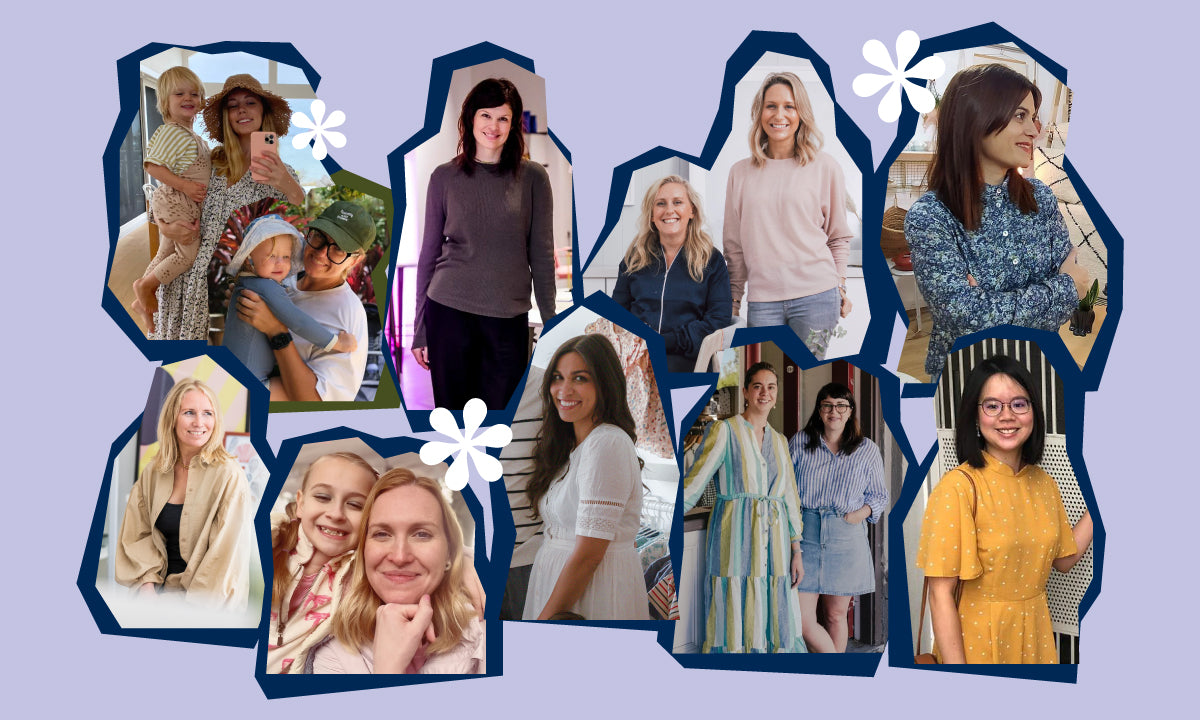 A collage of women on a Lilac background. They are cut out in a collage style, with white flowers scattered across.