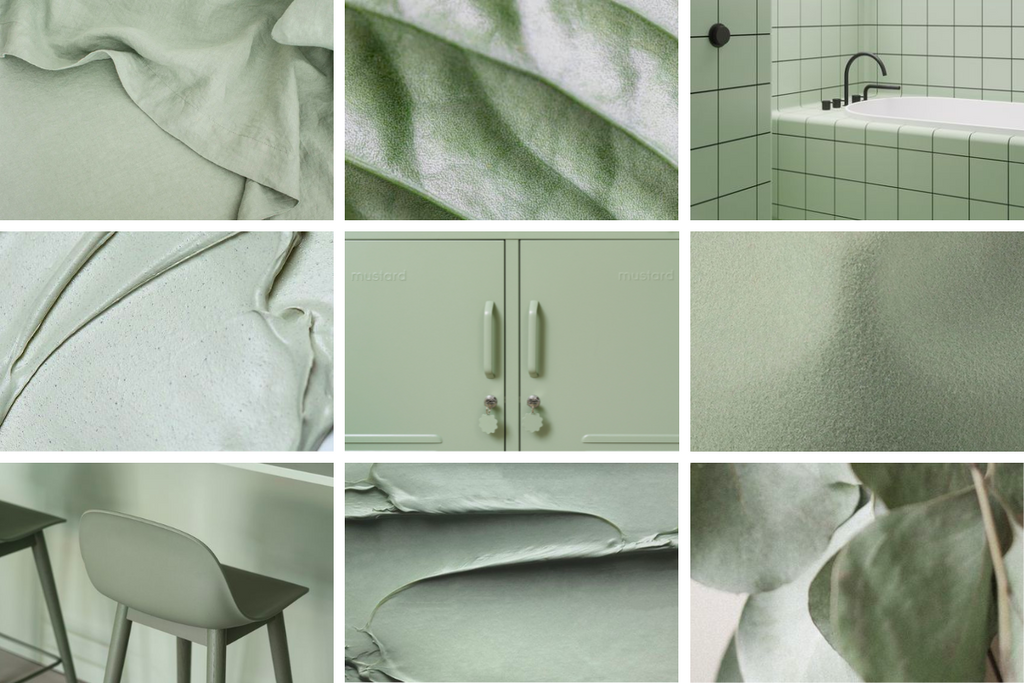 A collage of closeups of textures and finishes in shades of sage green.