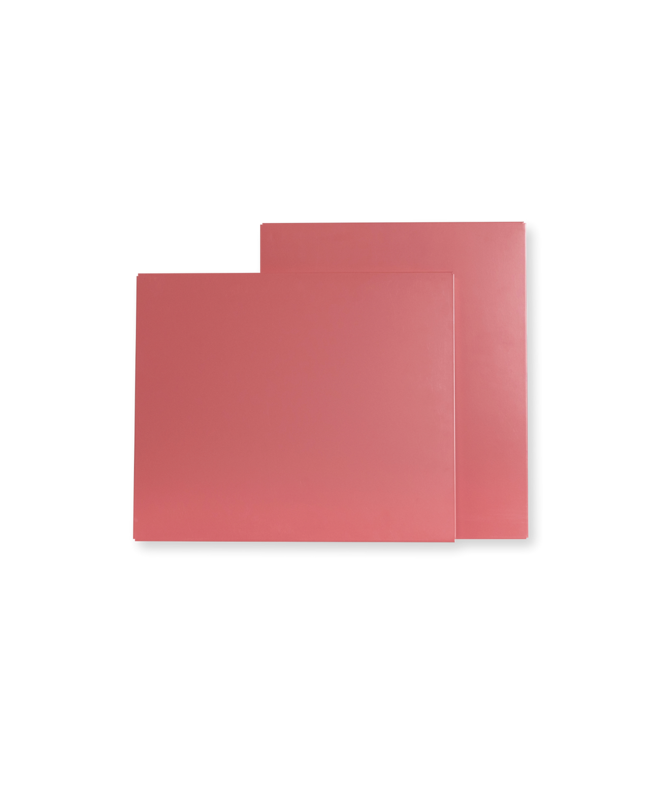 Two pink rectangular envelopes or folders stacked, with a lighter inner panel showing a pocket on the front.